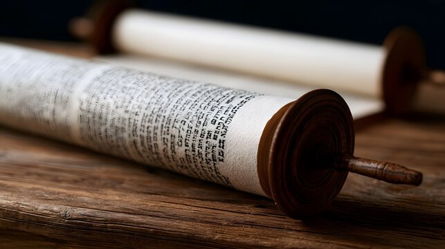 A close up of a Torah scroll with Hebrew text  resting on a wooden surface with soft lighting and shallow depth of field