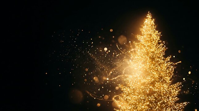 Beautiful glowing christmas tree decorated with golden lights against a dark black night background