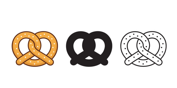 Pretzel icon set featuring flat color, solid black silhouette, and outline style illustrations for bakery menu design