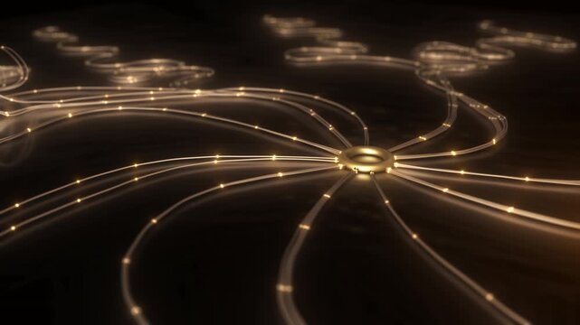 A gold ring anchors curved luminous strands bright nodes radial connection design elegant video backdrop for digital networking, centralized communication, premium branding, and information exchange.