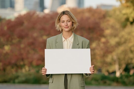 Person holding a blank sign in a park with autumn foliage for poster banner background and marketing design usage
