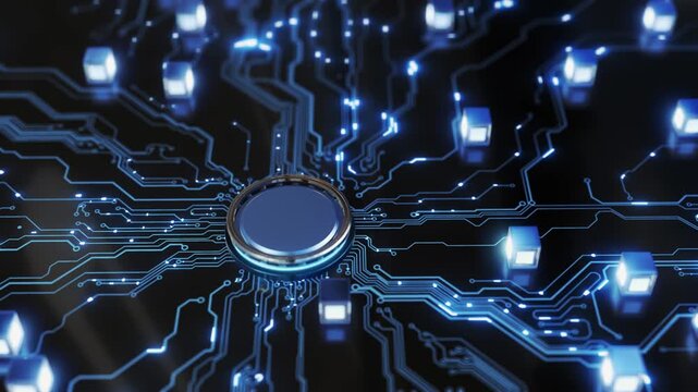 Blue circuit paths converge platform, glowing cubic components board. digital network backdrop for electronic engineering, connected systems, hardware infrastructure, data communication innovation.