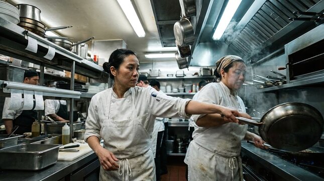Culinary Command Center: Two chefs, focused and intense, orchestrate a meal within the bustling heart of a professional kitchen, surrounded by stainless steel and the aroma of gastronomic creation.