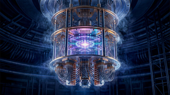 Futuristic quantum processor inside a cryogenic computing chamber