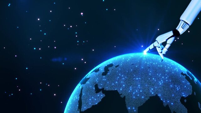Mechanical hand reaches Earth edges particles in deep space. global technology for automation explainers, artificial intelligence presentations, digital transformation, connected world branding.
