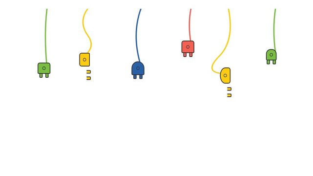 Animated Colorful Electric Plugs Hanging from Cables Flat Design Motion Graphics on White Background