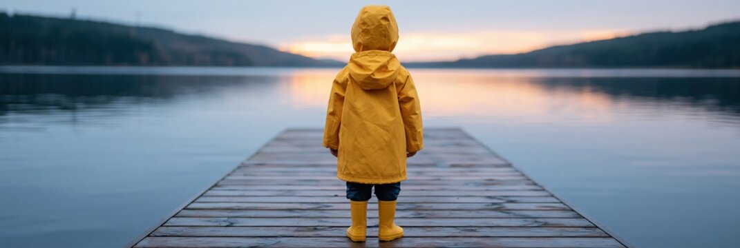 Child in yellow raincoat standing on wooden dock at sunrise by calm lake for tranquil nature wallpaper and travel banner
