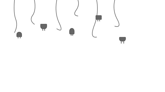 Minimalist 2D Animation of Hanging Electric Plugs and Wires on White Background