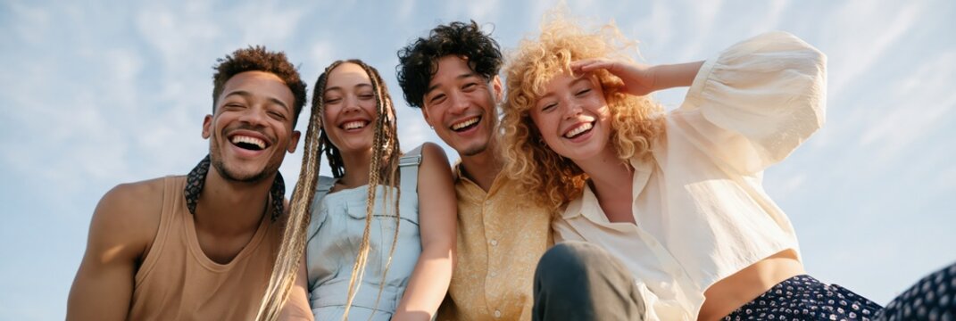 Smiling diverse group of young friends in a low-angle outdoor portrait under blue sky for banner background wallpaper and lifestyle design