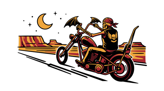Vector skeleton biker riding chopper motorcycle at night in desert landscape with moon and stars, isolated on white