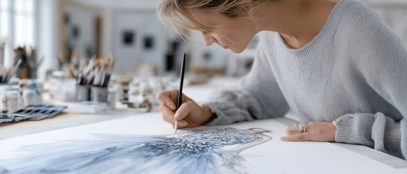 Female Fashion Illustrator Creating Couture Sketch in Creative Studio &mdash; Fashion Design Editorial

