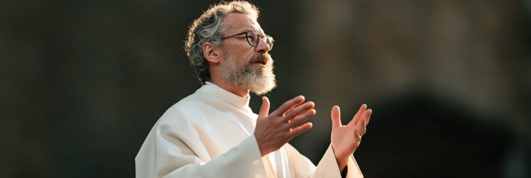 Bearded priest in white vestment with raised hands during prayer for religious ceremony background portrait for liturgy and devotion