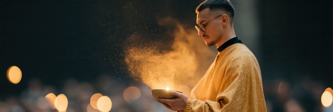 Priest holding burning incense bowl in golden vestment for religious ceremony and sacred ritual background banner for liturgy and worship