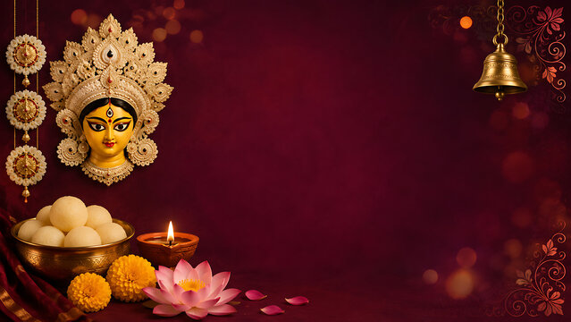 Traditional goddess face mask with sweet rasgulla bowls and glowing diya celebrating happy durga puja and navratri hindu religion festival red background