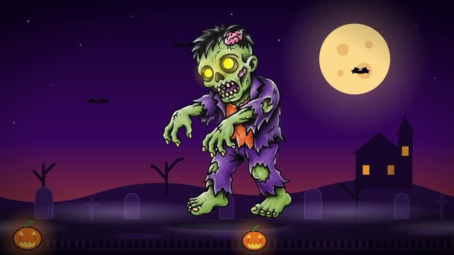 Cartoon zombie walking in a spooky graveyard under a full moon on Halloween night.