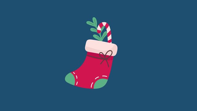 Festive Christmas stocking with candy cane and green leaves on a cozy blue background