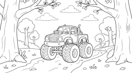 Cute Cartoon Monster Truck Driving on Forest Trail Coloring Page for Kids Line Art Vector Illustration © Charmingly Image