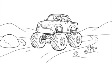 Cute Cartoon Monster Truck Driving Through Desert Landscape Coloring Page for Kids Line Art Vector Illustration © Charmingly Image