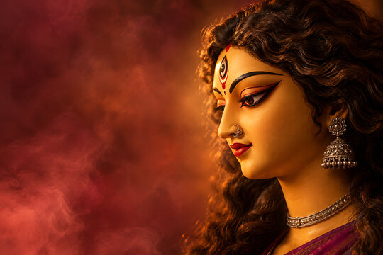 Side profile view of beautiful goddess face idol against dramatic smoky red background for durga puja and navratri hindu festival holiday celebration
