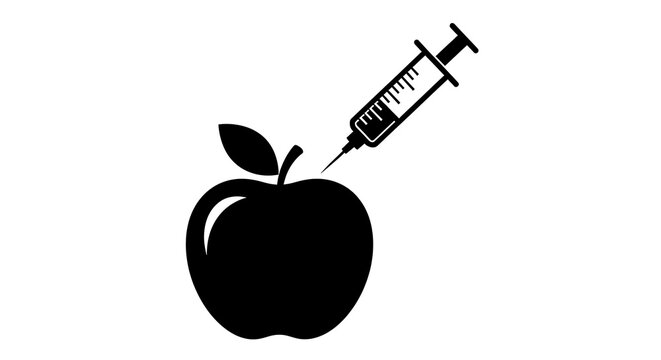 Black silhouette icon of a syringe injecting an apple isolated on a