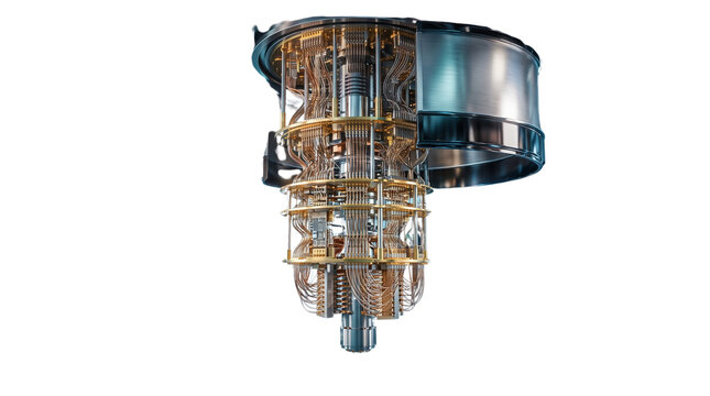 Quantum computer processor hardware, complex golden cryostat system isolated on white background, advanced supercomputer technology concept