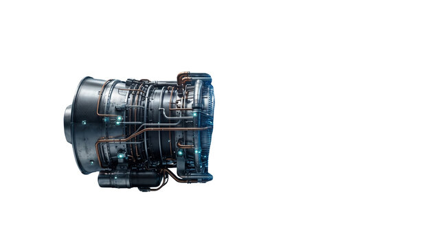 Futuristic jet engine turbine mechanism, metallic aircraft propulsion system isolated on white, high tech aerospace engineering component