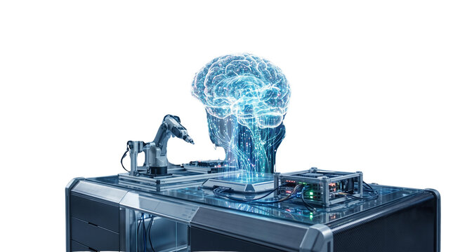Artificial intelligence digital human brain hologram on high tech lab workbench, robotic arm assembling glowing brain network for machine learning science context