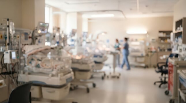 An out-of-focus, professional background shot of a neonatal intensive care unit featuring incubators and medical staff in a hospital setting.