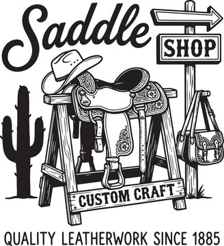 Vintage saddle shop logo with western cowboy hat leather horse saddle cactus and wooden signpost for custom leatherwork and quality craft business