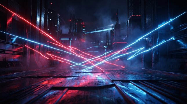 Futuristic Neon Lights Abstract Background with Red and Blue Glow.