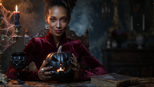 Portrait of an elegant and enigmatic Black sorceress on Halloween night
