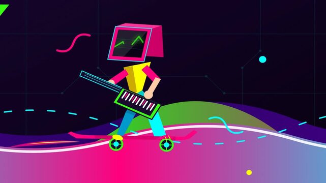 Stylized robot character skateboarding and playing keytar in vibrant retro futuristic digital banner background design
