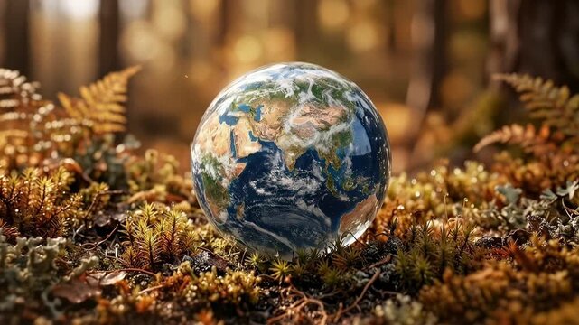 Earth globe resting on mossy forest floor with autumn foliage and sunlit trees, evoking a sense of nature's beauty and fragility