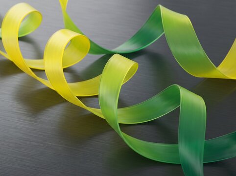 Curving Ribbons Yellow Green Abstract Background.