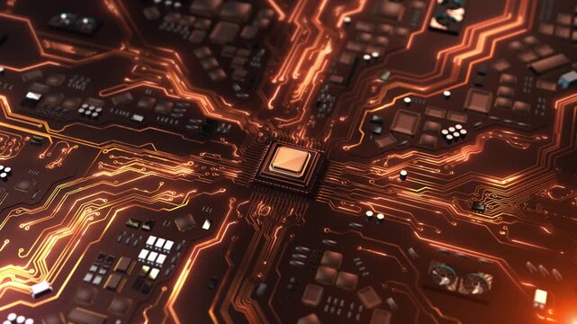 Warm amber light central microchip, pins intricate pathways populated circuit board view of electronic hardware processor technology, computer engineering, digital infrastructure innovation campaigns