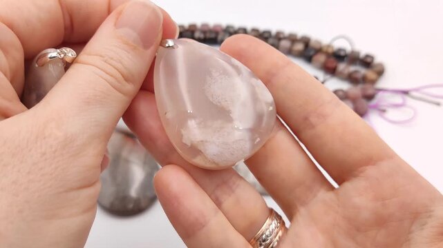Assortment of polished natural gemstone pendants featuring unique mineral patterns arranged next to colorful faceted cube bead strands on a clean surface