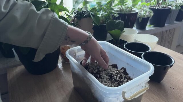 Person mixing soil amendment into potting soil by hand in a plastic container, preparing loose aerated substrate for repotting houseplants during indoor gardening at home, horizontal video