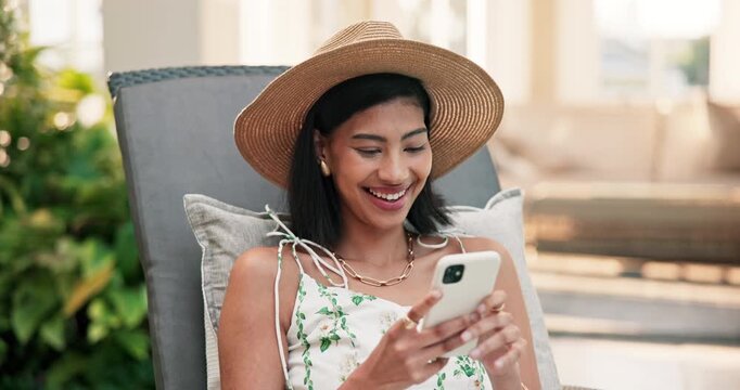 Smile, woman and phone at resort for travel, booking and social media post for critic reviews. Happy, person and tourist at retreat with mobile, guest opinion and itinerary information on vacation