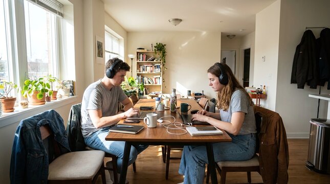 Remote Work Rhythm: A couple focuses intently on their laptops at a dining table, each wearing headphones, embodying the modern dynamic of working from home amidst domestic comfort.