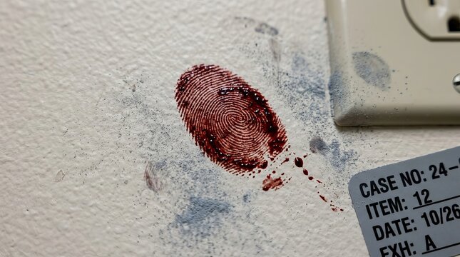 Bloody fingerprint on a white wall marked with a forensic evidence label for crime scene analysis.