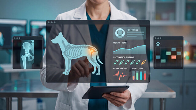 Veterinary clinic and veterinarian, animal treatment, X-ray examination, cardiogram and laboratory tests.