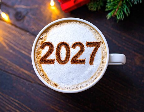 Happy New Year 2027 theme number 2027 on frothy surface of cappuccino served in white coffee mug 