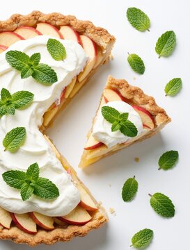 Fresh apple pie slice with whipped cream, mint leaves on white background. Delicious fruit tart dessert served on plate. Homemade pastry with tasty apple topping, green herb garnish. Sweet bakery