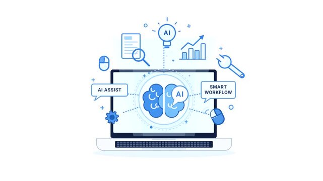 Flat vector animation of laptop with artificial intelligence brain icon and business productivity symbols on white.