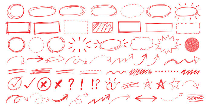 Red pen strokes forming round circle underline shapes with hand drawn doodle arrow elements creating vector set kit bundle for highlight text using scribble oval lines in playful layout. red marker