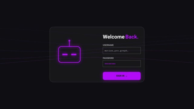 Futuristic dark mode login interface with purple neon robot icon