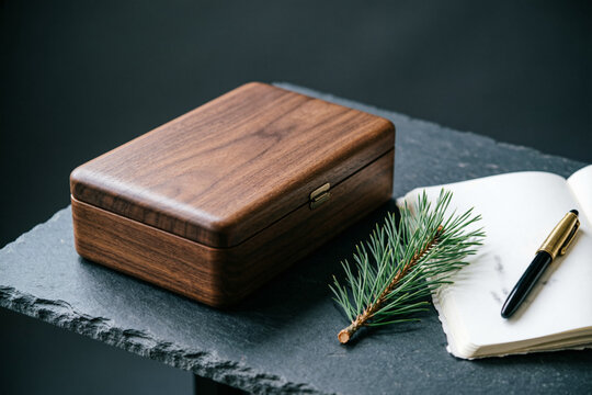 Wooden box for digital detox lockup on slate table with notebook pen pine branch