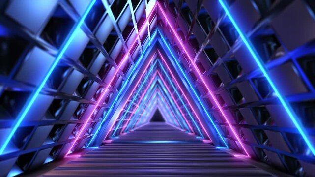 Blue triangular corridor metal panels distant central opening. abstract technology backdrop for digital events, stage visuals, creative presentations, gaming promotions music video graphics. 3D