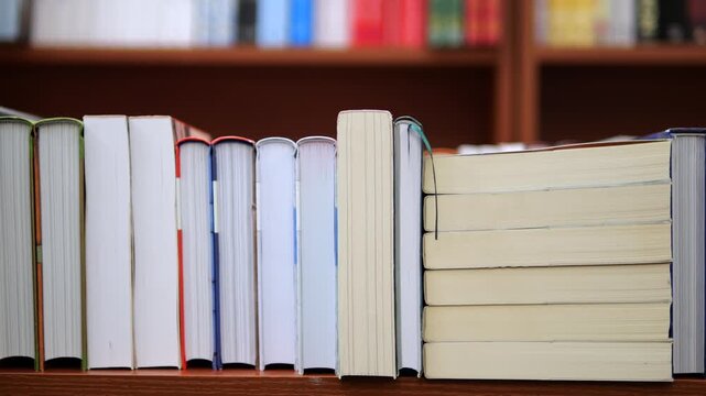 Books stand upright beside horizontal stacks on wooden library shelf. Repeated rows of hardcovers and paperbacks suggest book shortage, with limited available copies in crowded collection.