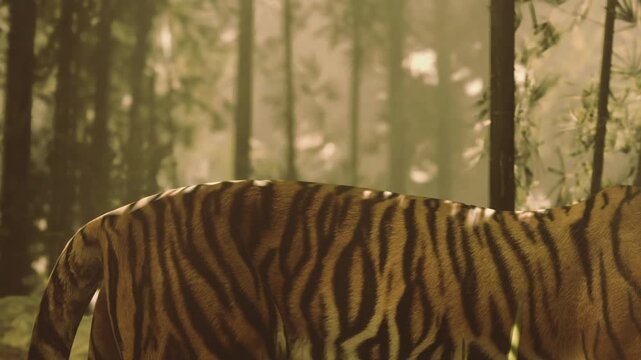 Sunlight filters through the trees as a beautiful tiger moves gracefully in a lush, green forest. Its distinctive stripes shine in the warm light, revealing natures splendor.